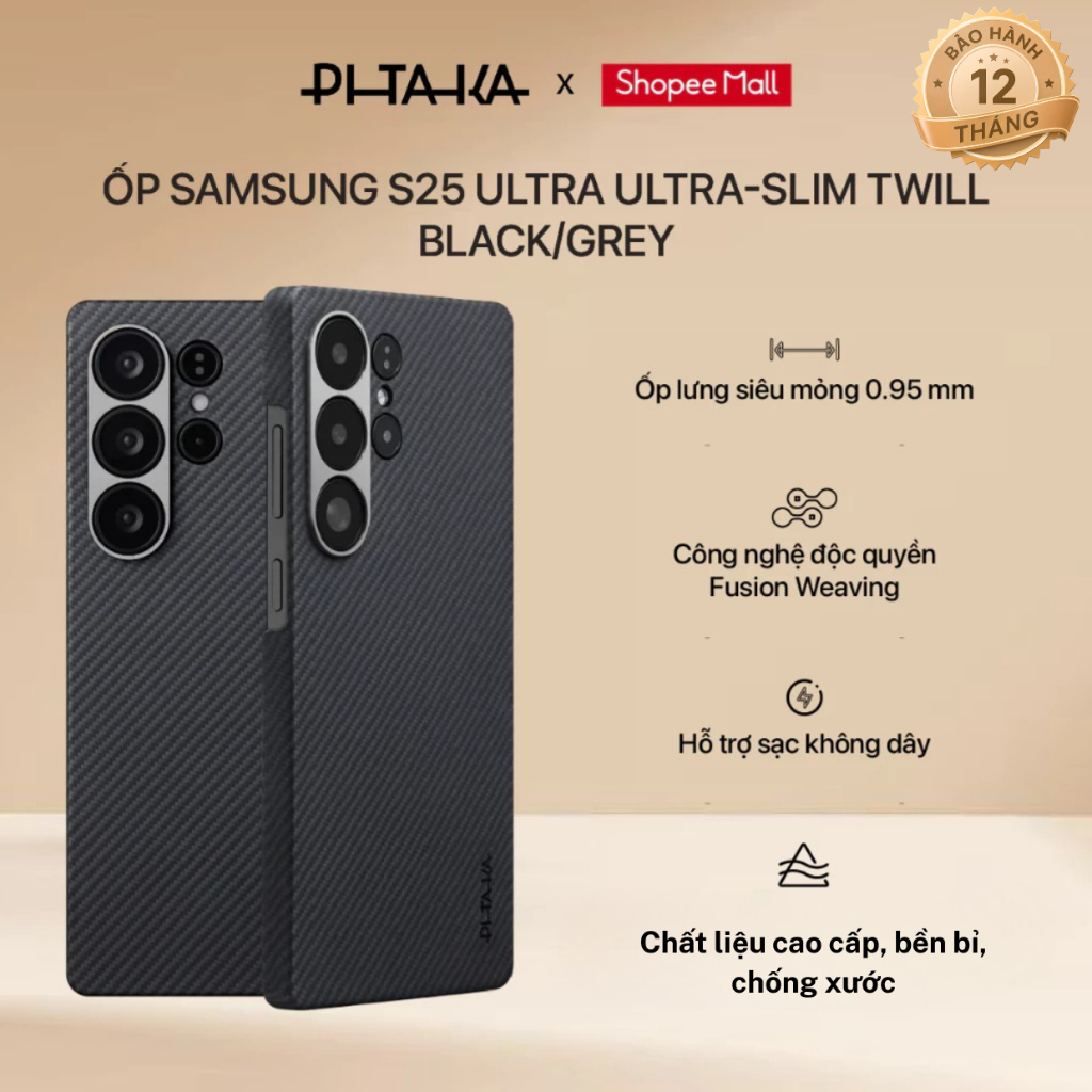 [Samsung S25 Ultra] Ốp lưng vải dệt Pitaka Ultra-Slim (Black/Grey Twill) hỗ trợ sạc không dây