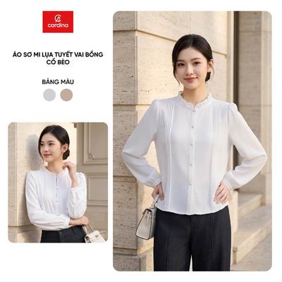 Áo sơ mi nữ CARDINA chất liệu lụa tuyết vai bồng cổ bèo 6ASD02