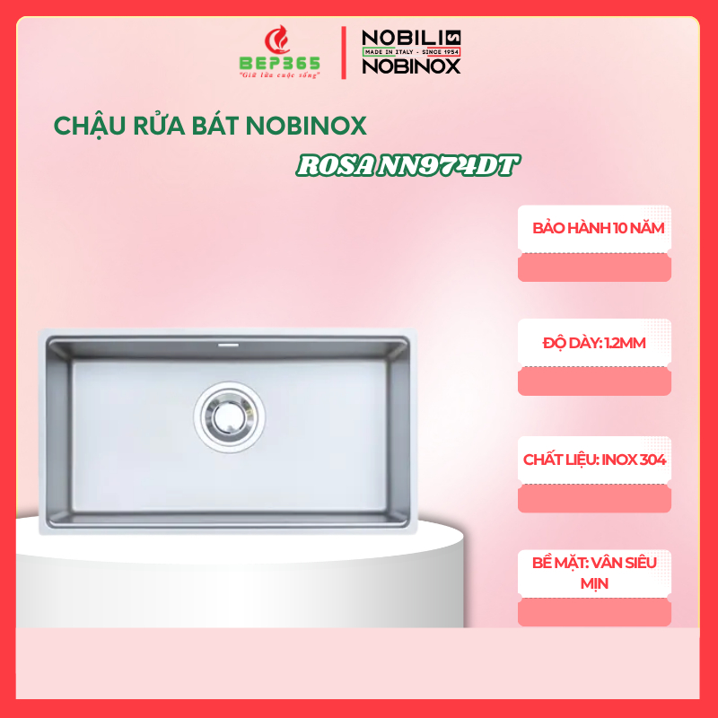 Chậu Rửa Bát 1 Hố Nobinox Rosa NN974DT – Inox AISI 304 – Bề Mặt Vân Siêu Mịn Chống Xước