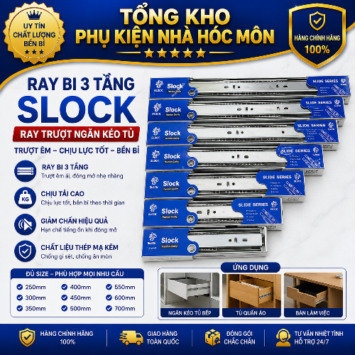 Ray Bi 3 Tầng SLOCK – Ray Trượt Ngăn Kéo Tủ Đủ Size, Trượt Êm