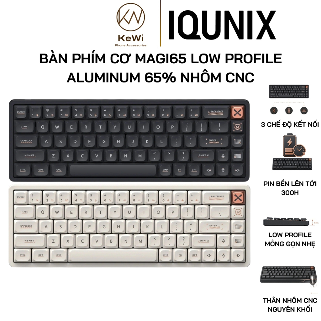 Bàn Phím Cơ IQUNIX Magi65 Low Profile Aluminum 65% Nhôm CNC, Hot Swap, Bluetooth 5.1, Wireless 2.4GH