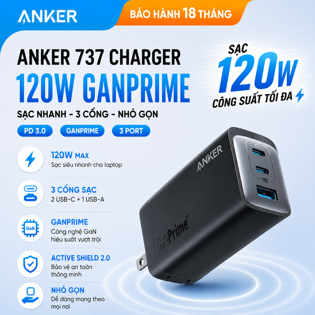 [Củ sạc Anker 120W] Sạc Anker 3 cổng 2C1A 737 GaNPrime - Hỗ trợ GaN, PowerIQ - A2148