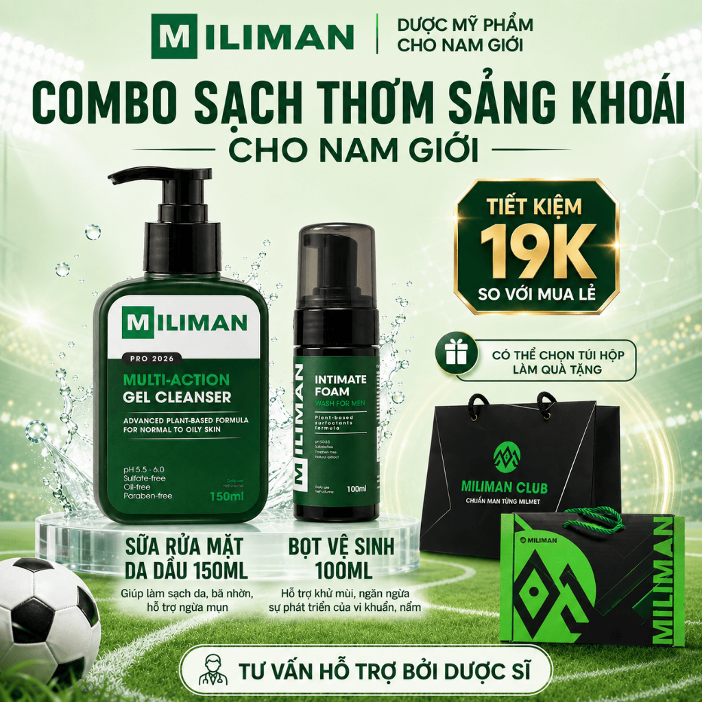 Combo Sạch Thơm Sảng Khoái MILIMAN | Gồm Sữa Rửa Mặt Cho Riêng 2 Loại Da + Bọt Vệ Sinh Nam