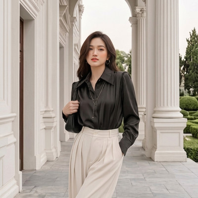 Áo sơ mi lụa thiết kế tay dài cổ bẻ nhún vai sang trọng Callene (L2997)
