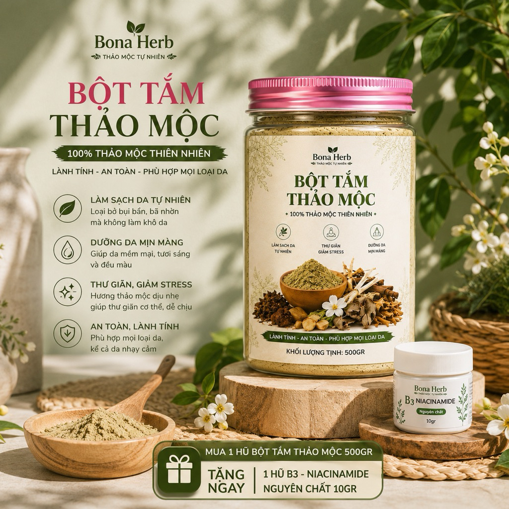 [ tặng 10gr niacinamide] Bột Tắm Trắng Thảo Mộc Bona Herb 500gr ( bột tắm thảo mộc, ủ trắng, dưỡng t