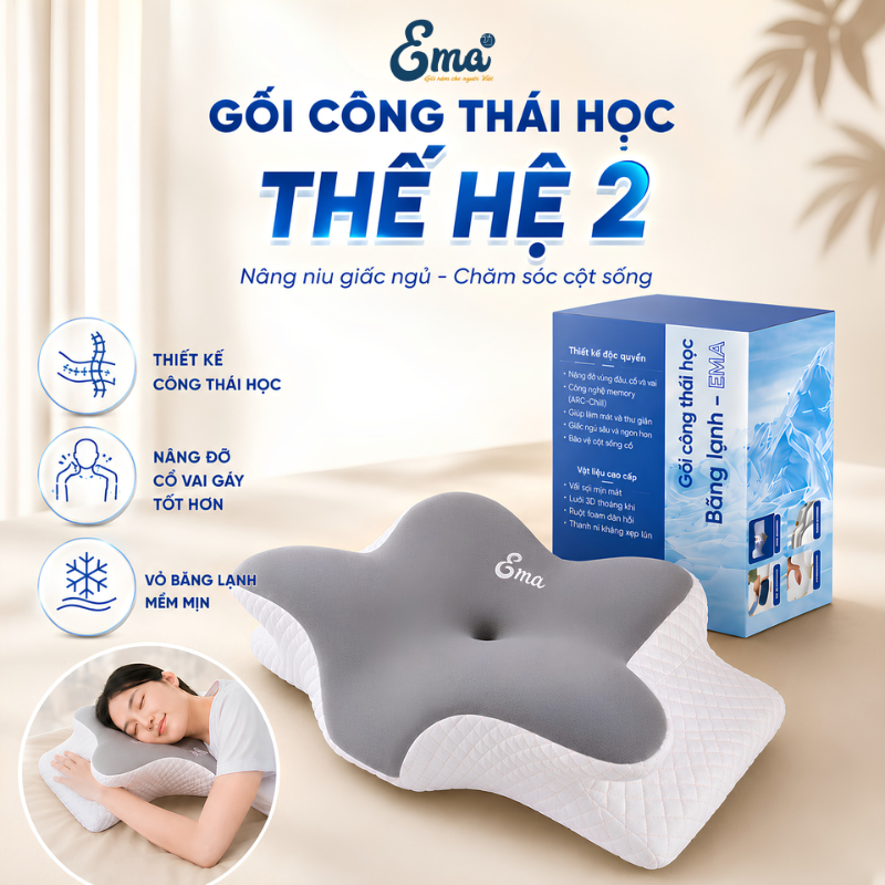 Gối Công Thái Học Chống Đau Mỏi Vai Gáy EMA Thế Hệ 2 - Ruột Cao Su Non Vỏ Vải Băng Lạnh Thoáng Khí