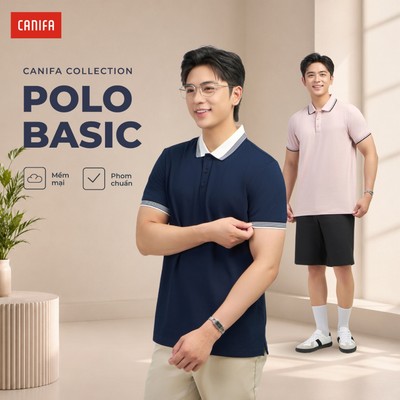 Áo polo nam CANIFA cổ bẻ ngắn tay phối line thanh lịch form rộng vừa 8TP26A004