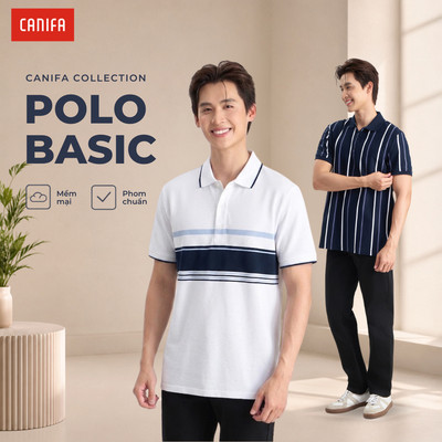 Áo polo nam CANIFA cổ bẻ cộc tay dáng suông họa tiết kẻ sọc phối màu 8TP26S010