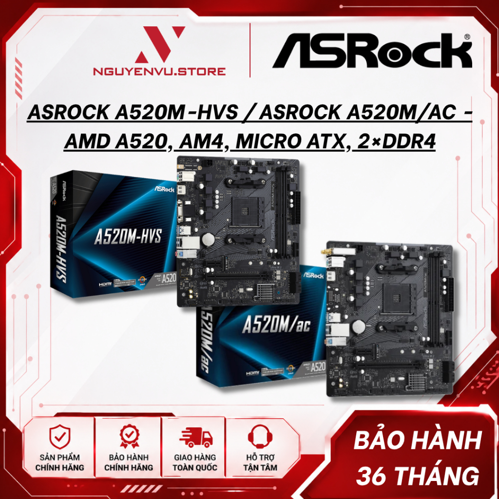 Mainboard Asrock A520M-HVS / Asrock A520M/ac - AMD A520, AM4, Micro ATX, 2×DDR4 - Hàng chính hãng