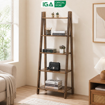 Kệ sách hình thang IGA 5 tầng giá kệ đa năng màu vân gỗ cháy decor phòng tone ấm hiện đại  - GP114