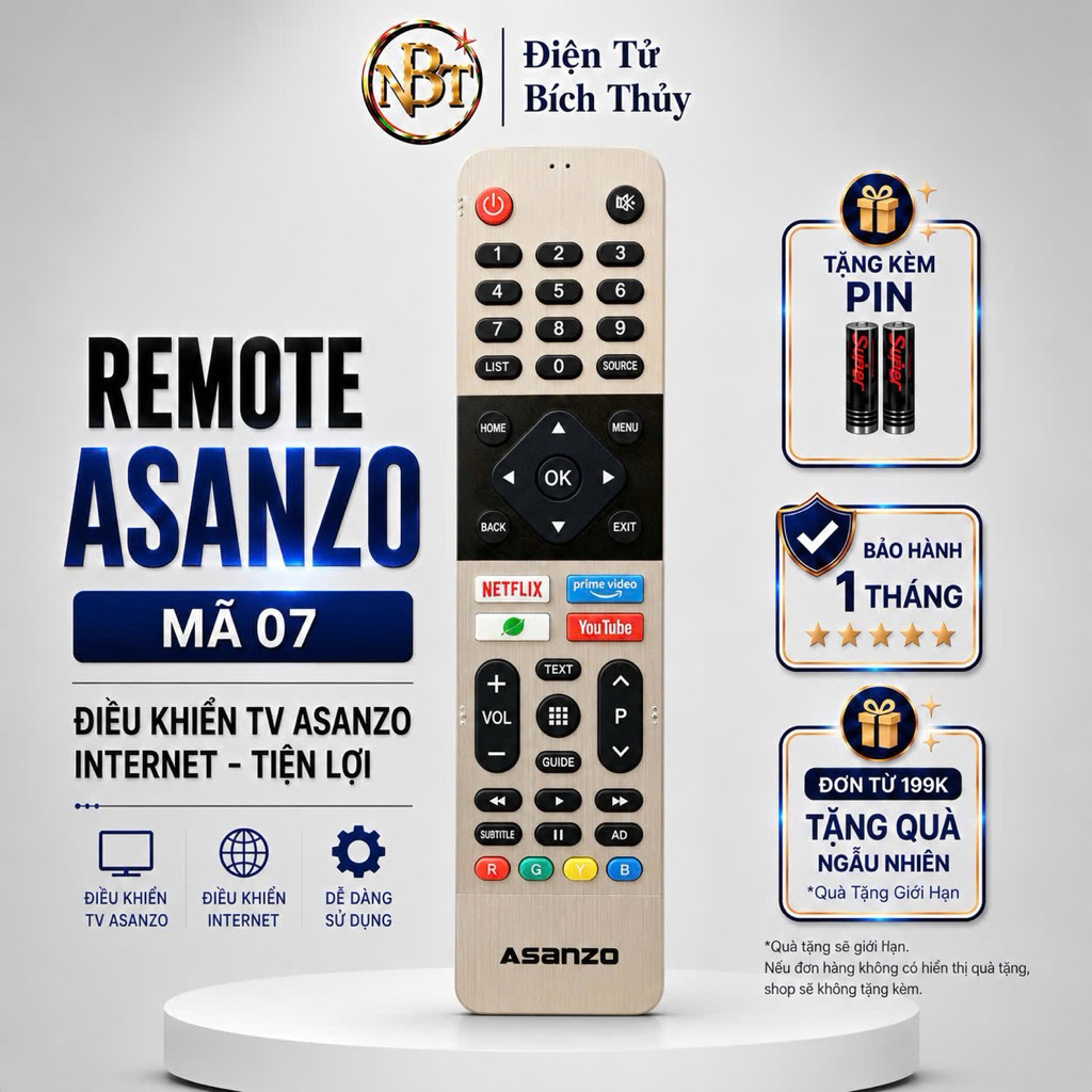 Remote điều khiển tivi ASANZO Mã 07, điều khiển TV Asanzo internet - Tặng kèm pin - ĐT Bích Thuỷ