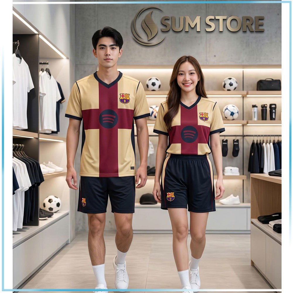 Đồ Đá Banh Thể Thao Cực Đẹp - Bộ Áo Đấu CLB BarCa Màu Kem Thun Mè Cao Cấp Thoáng Mát