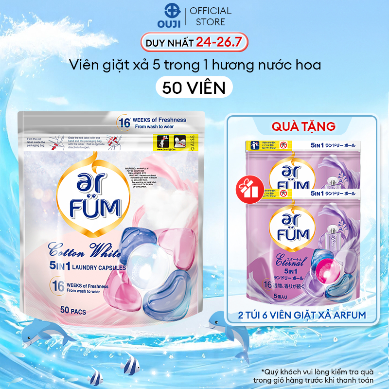 Viên giặt xả arFUM 5in1, tinh dầu nước hoa thơm lâu 16 tuần, khử khuẩn 99% - (50v)