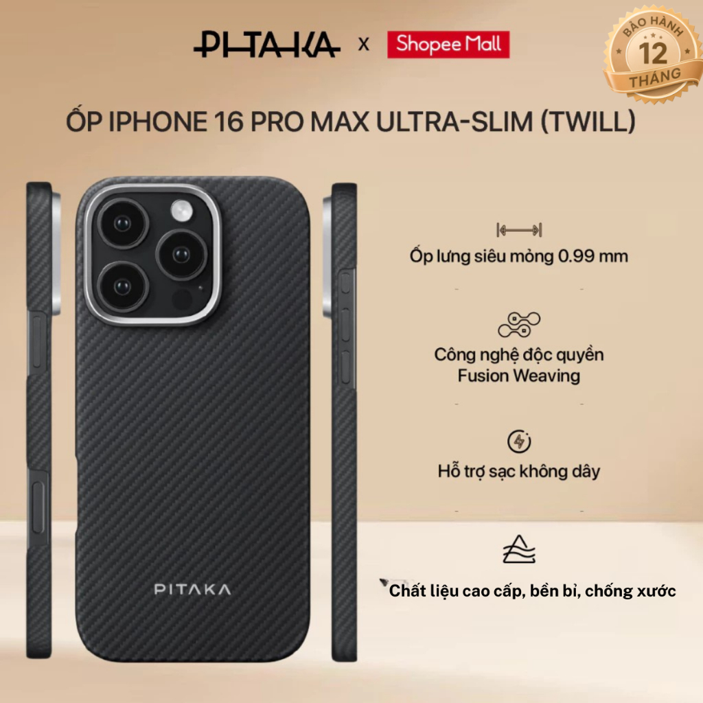[iPhone 16 Pro Max] Ốp lưng Pitaka Ultra-Slim (Twill) chống sốc vải dệt siêu mỏng cao cấp