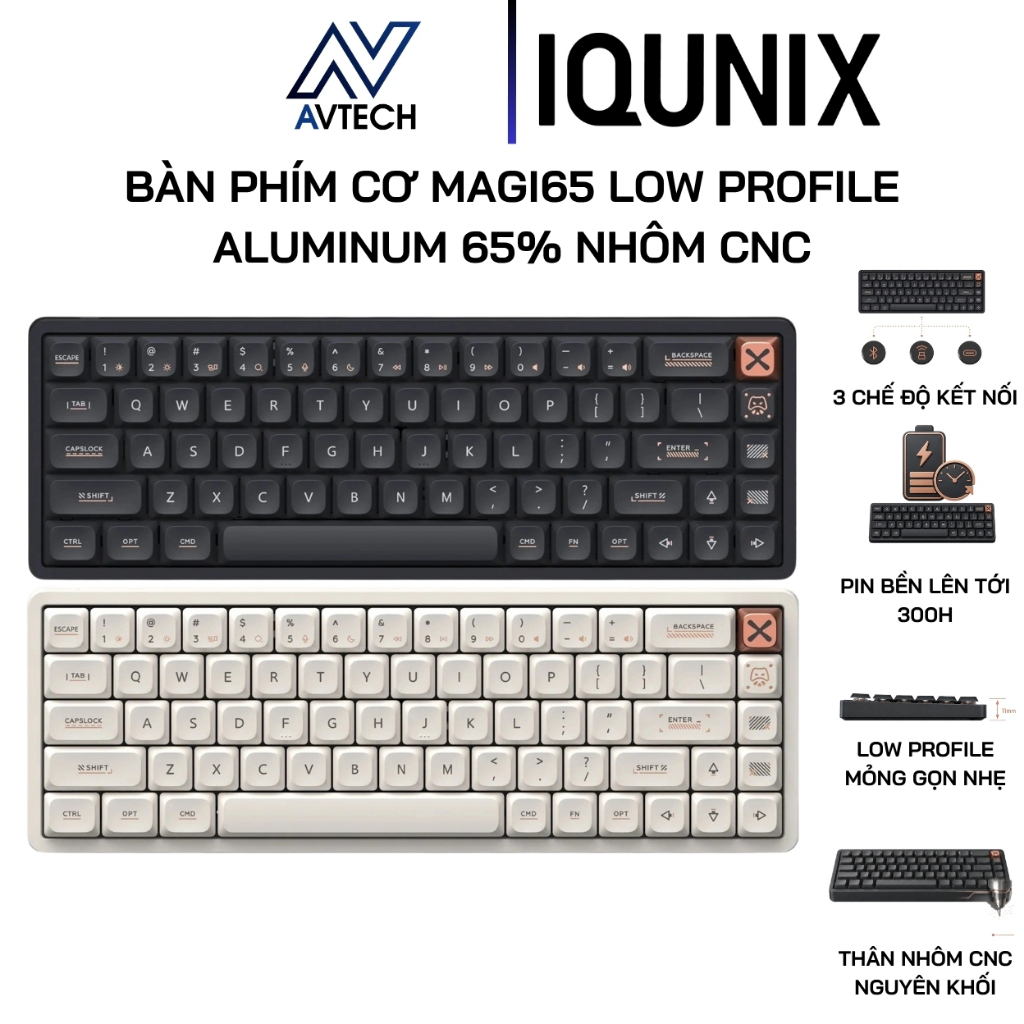 Bàn Phím Cơ IQUNIX Magi65 Low Profile Aluminum 65% Nhôm CNC, Hot Swap, Bluetooth 5.1, Wireless 2.4GH