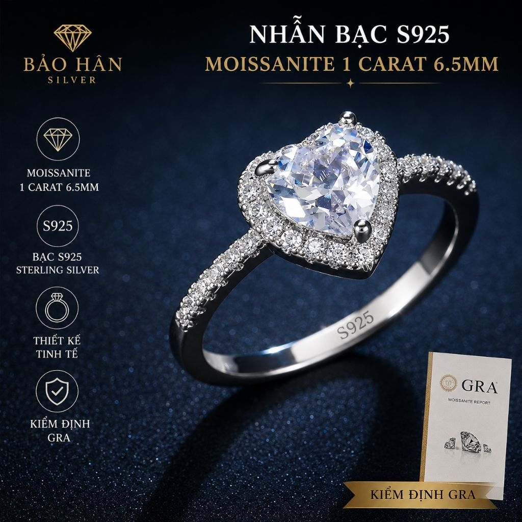 Moissanite 6.5ly trái tim Nhẫn bạc nữ Moissanite nhẫn kim cương Moissanite bạc 925 nhẫn cầu hôn nhẫn