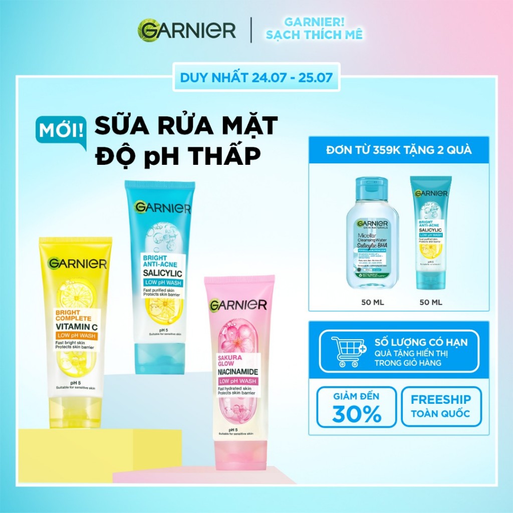 MỚI! Sữa rửa mặt dạng Gel độ PH 5 cân bằng cho mọi loại da - Garnier Low PH Gel Wash 100ml