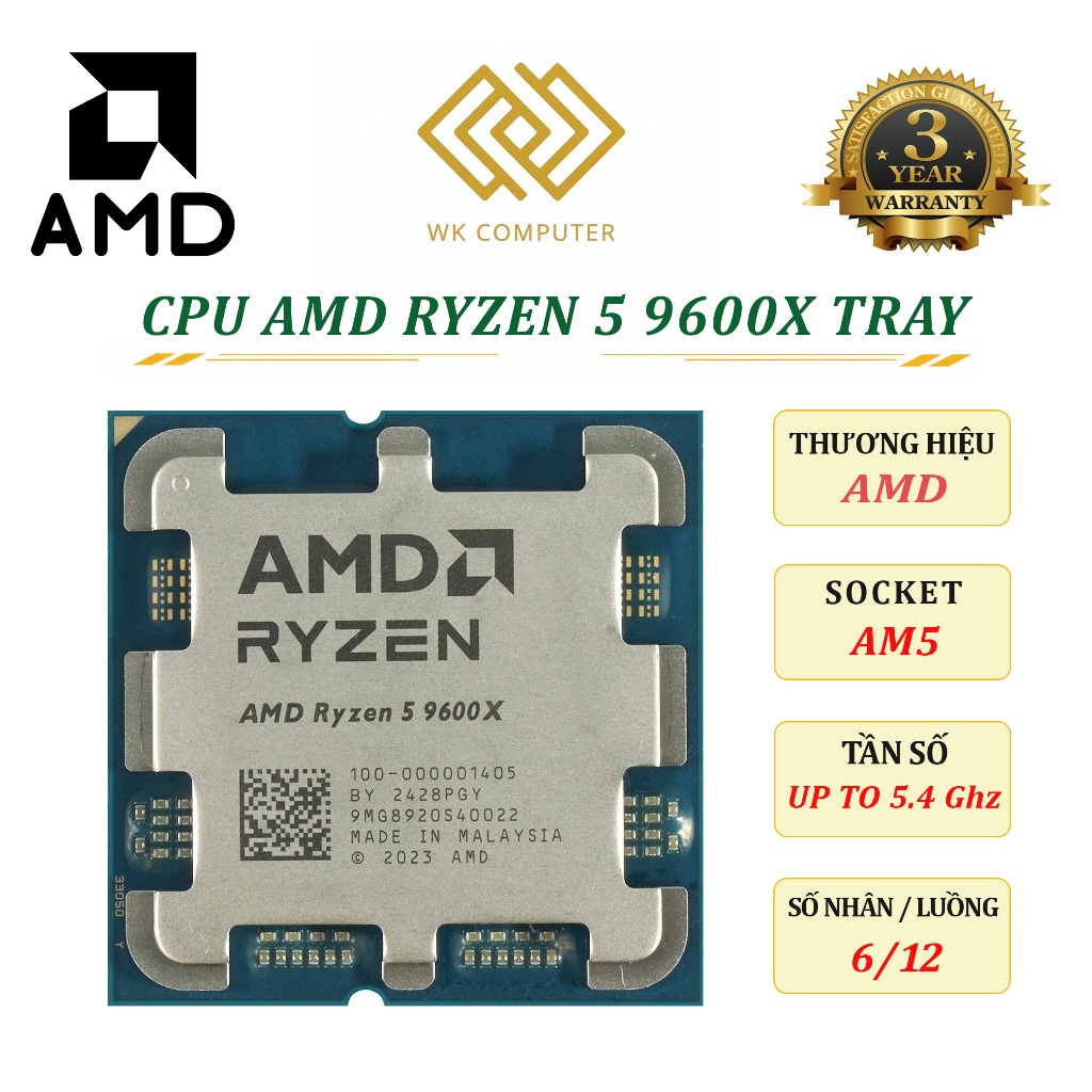 (Full Vat) CPU AMD RYZEN 5 9600X TRAY | SK AM5, Turbo 5.4Ghz, 6/12 || Mới - Bảo hành 36 Tháng