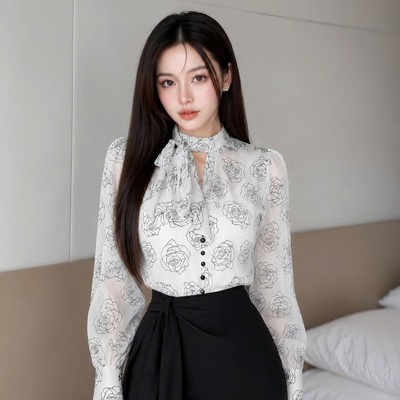 Áo sơ mi nữ thiết kế công sở voan hoa cột nơ thời trang thanh lịch Callene (L3060)