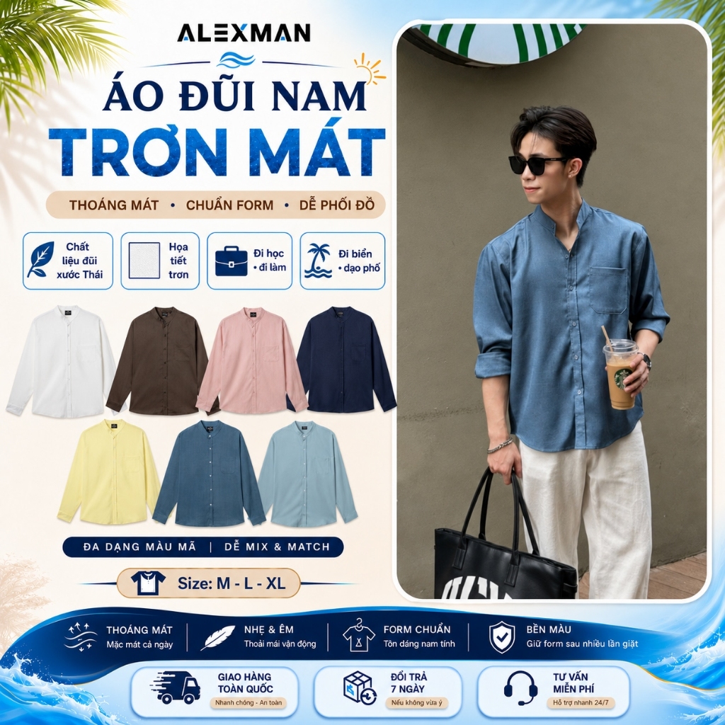 Áo Sơ Mi ALEXMAN A35 Cổ Tàu Trơn Dài Tay Áo sơ mi đi học đi làm đi biển Chất Liệu Đũi Xước Thái