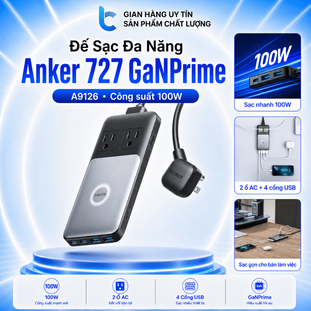 Trạm Sạc Anker 727 GaNPrime A9126 100W Đa Năng 2 Type C, 2 USB A, 2 AC