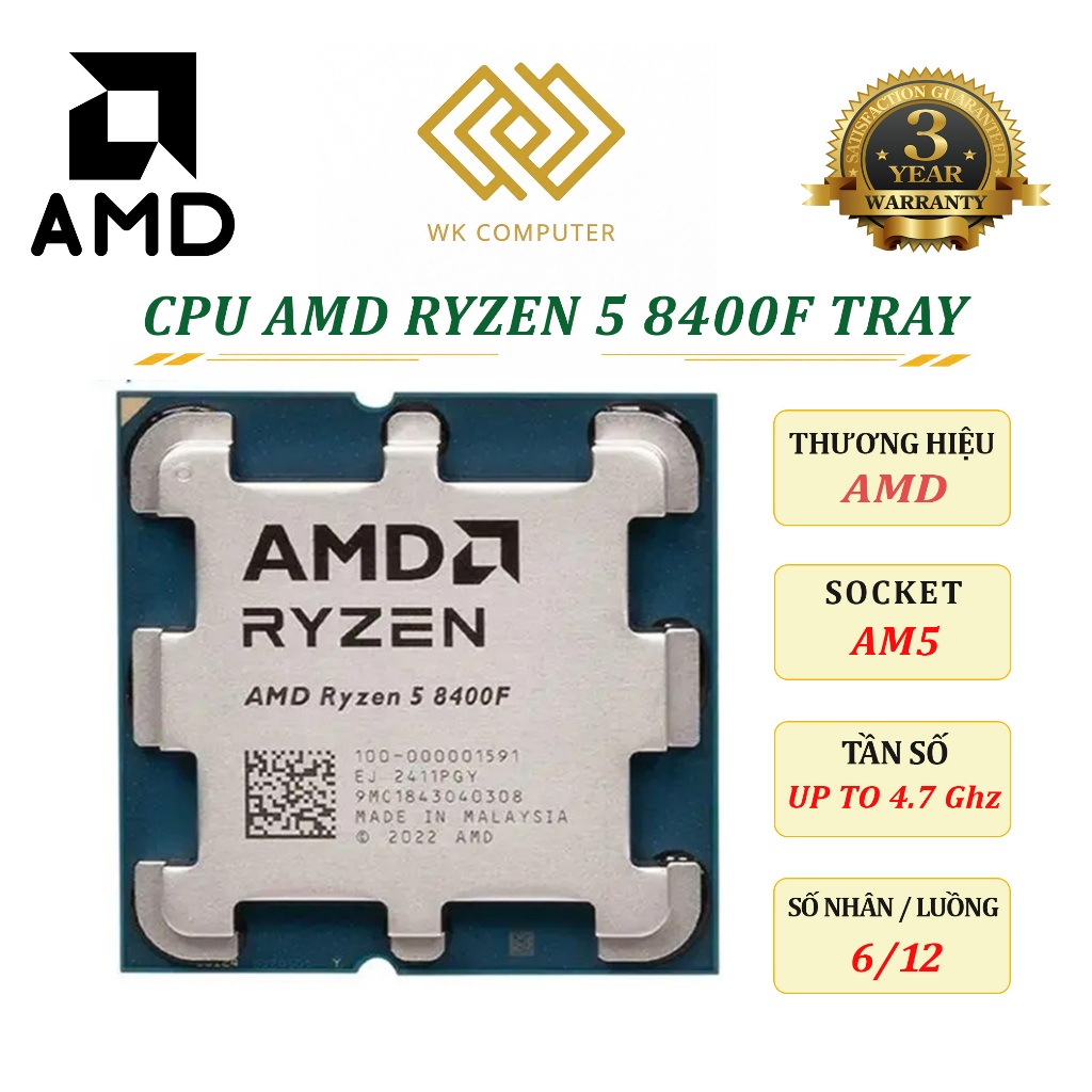 (FULL VAT) CPU AMD Ryzen 5 8400F Tray NEW | 6 Nhân 12 Luồng, Max 4.7Ghz, SK AM5 // Bảo Hành 36 Tháng