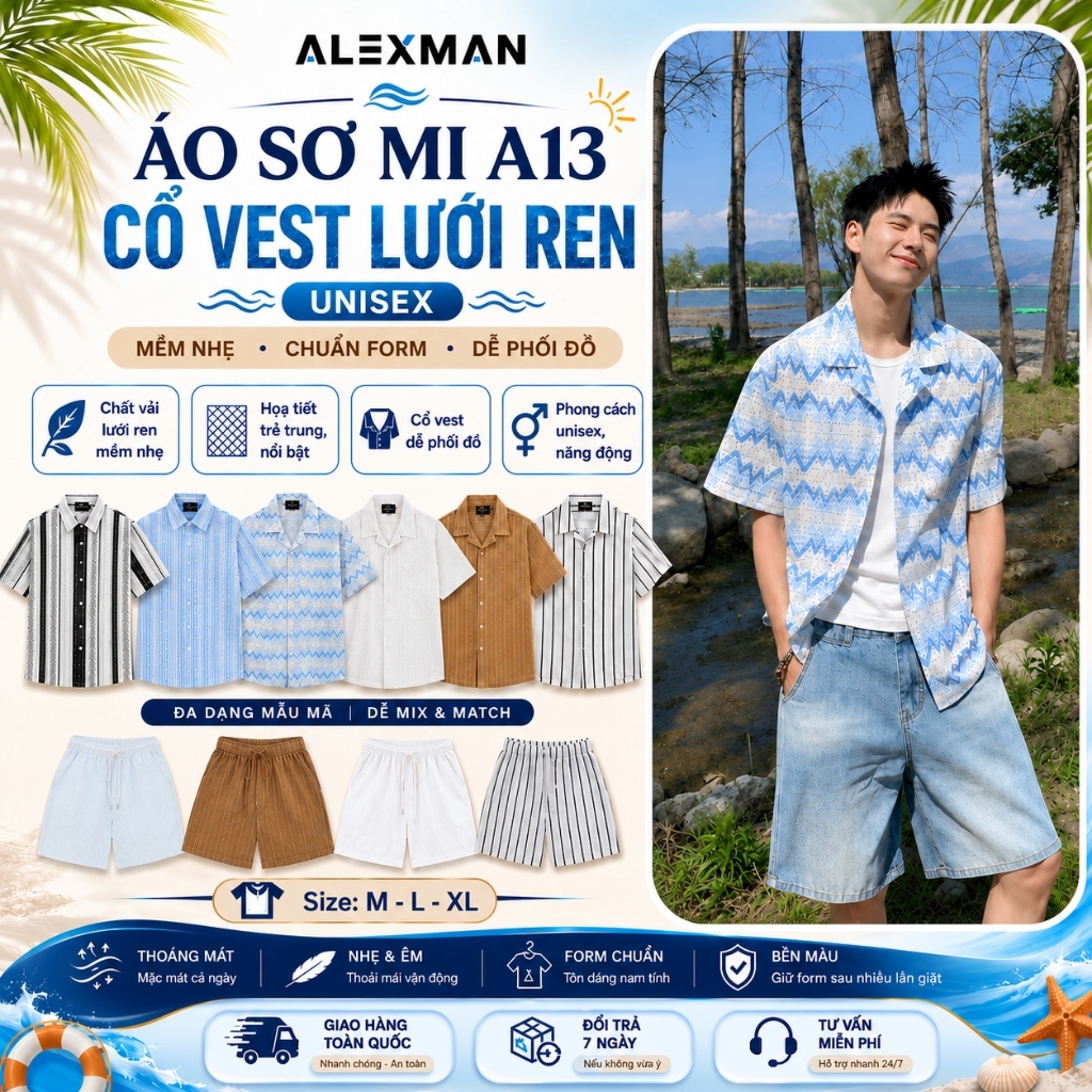 Áo Sơ Mi ALEXMAN A13 Đi Biển Cổ Vest Lưới Ren Unisex Cộc Tay Sea Breeze - ALEXMAN