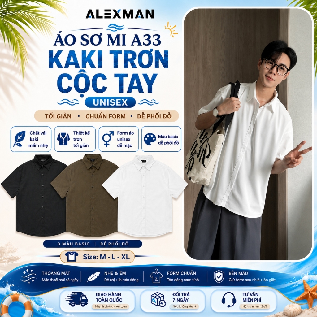 Áo Sơ Mi A33 Kaki Trơn Cộc Tay Form Rộng Unisex Nam Nữ Đi Học Đi Chơi - ALEXMAN