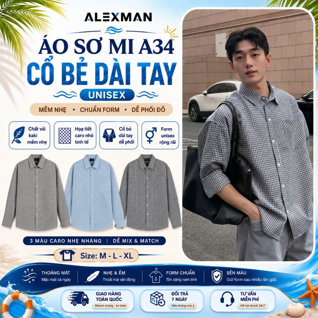 Áo Sơ Mi A34 Cổ Bẻ DÀI TAY Form Rộng Unisex Nam Nữ Phong Cách Menswear 3 Màu - ALEXMAN