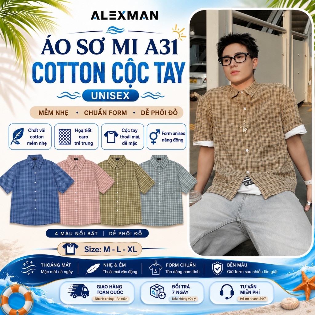 Áo Sơ Mi Đi Biển Đi Học ALEXMAN A31 Cotton Cộc Tay Form Rộng Unisex Nam