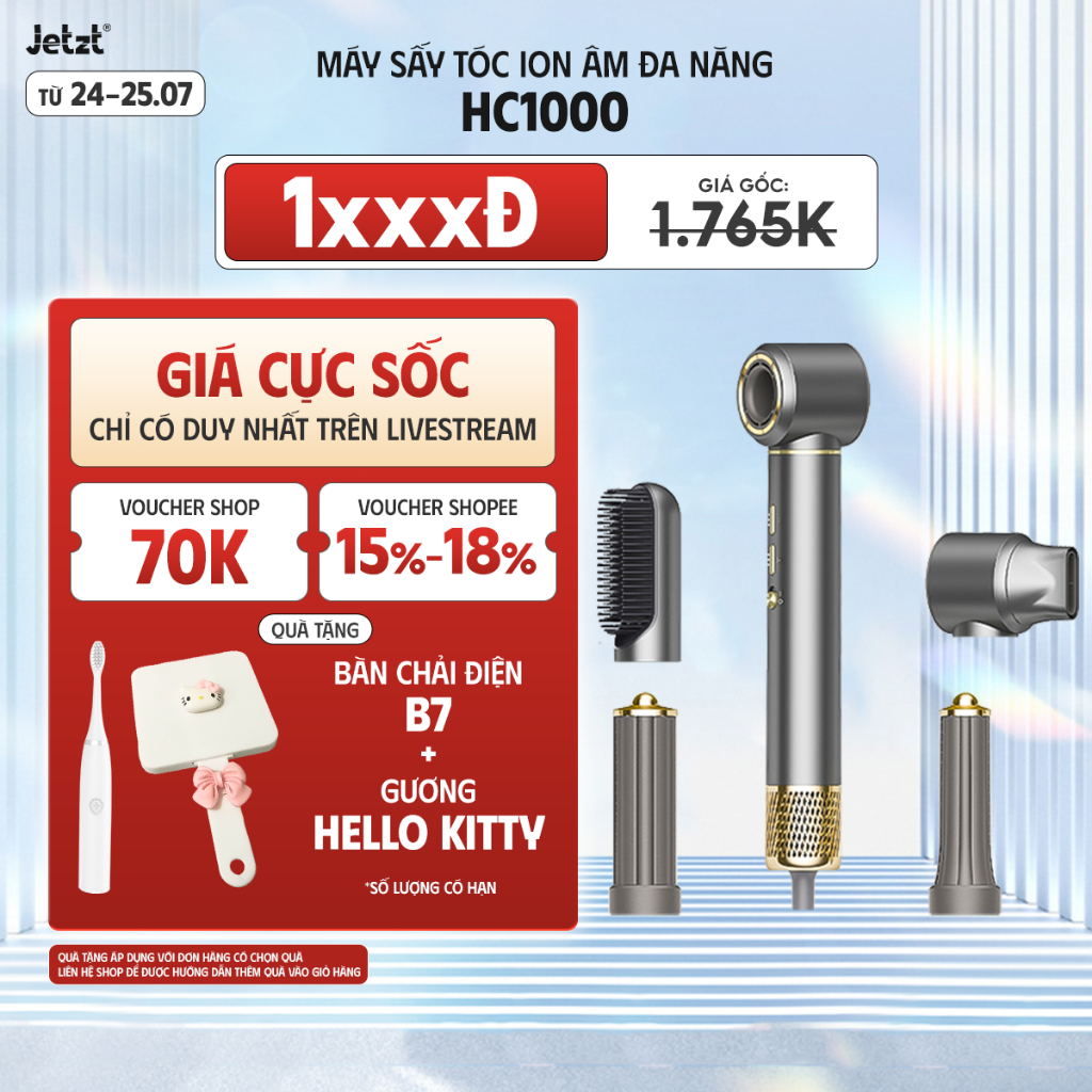 Máy sấy tóc ion âm 5in1 Jetzt HC1000 sấy nhanh tạo kiểu bảo vệ tóc công suất 1300W