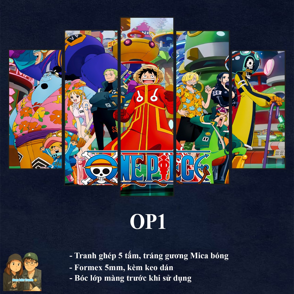 Bộ Tranh Ghép 5 Tấm One Piece – Full Team Mũ Rơm – Tráng Gương Mica - Formex - Dán Tường