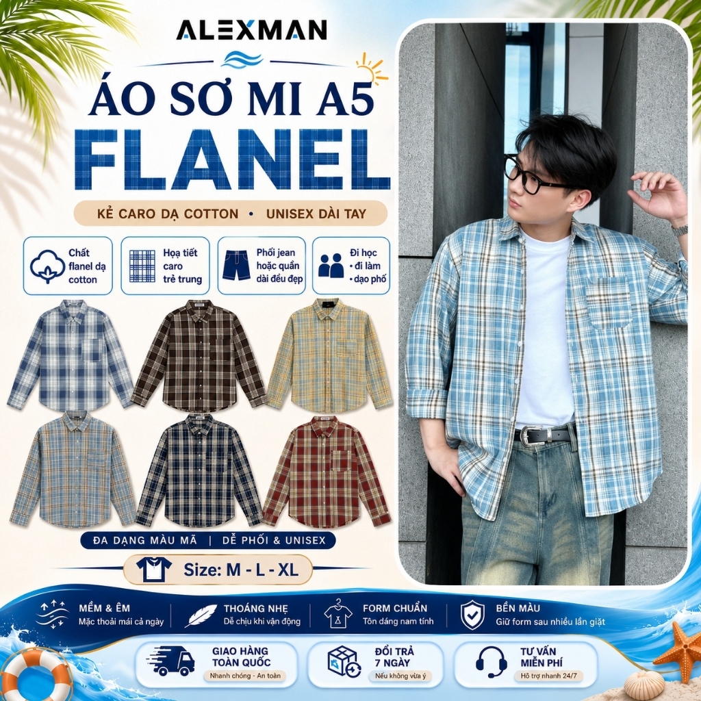 Áo Sơ Mi A5 Flanel Kẻ Caro Dạ Cotton Form Rộng Unisex Nam Nữ Dài Tay Style Hàn Quốc - ALEXMAN