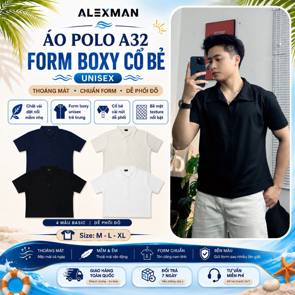 Áo Polo A32 Form Boxy Cổ Bẻ Nam Nữ Vải Đẹp Phong Cách Menswear - ALEXMAN