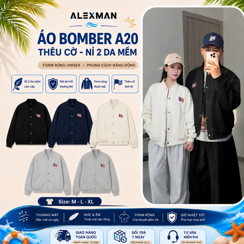 Áo Bomber A20 Thêu Cờ Chất Nỉ 2 Da Form Rộng Nam Nữ - ALEXMAN