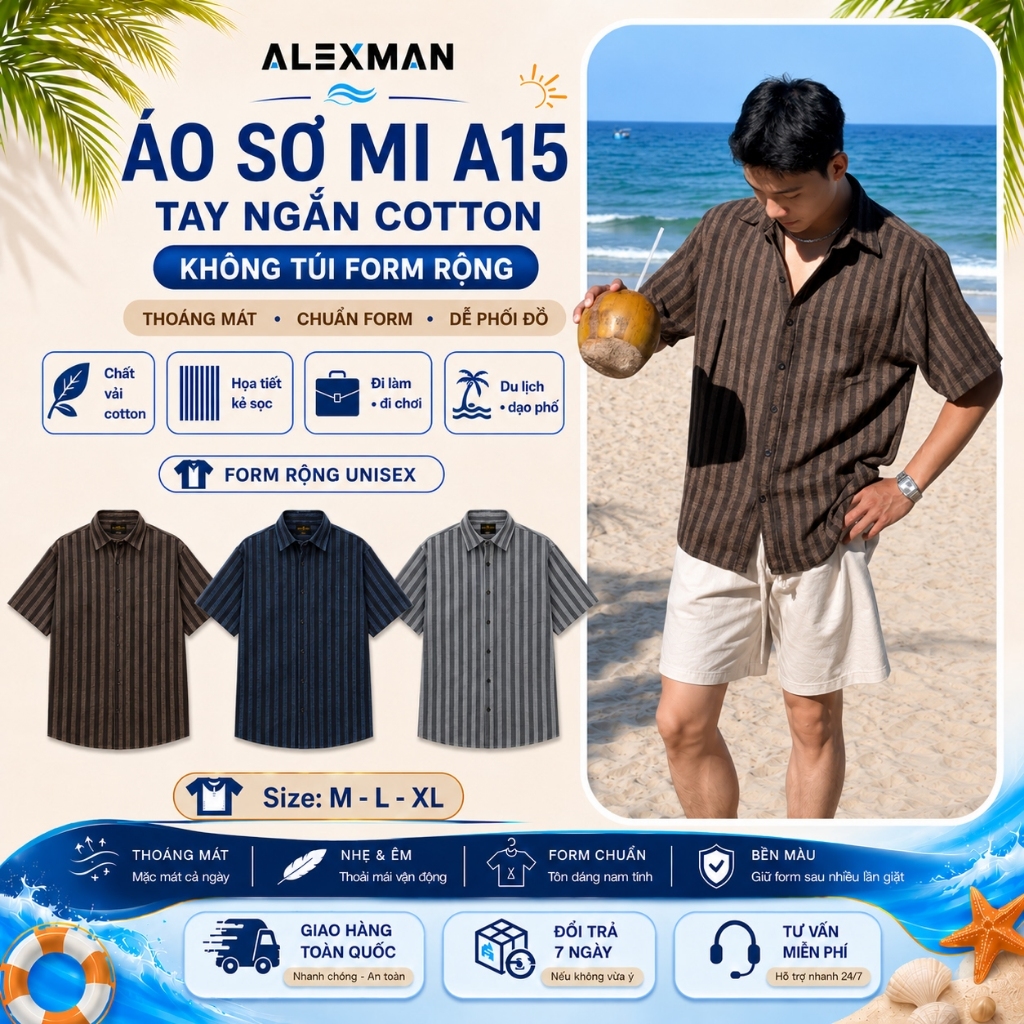 Áo Sơ Mi ALEXMAN A15 Cotton Tay Ngắn Form Rộng Unisex Không Túi Phong Cách Basic Hè