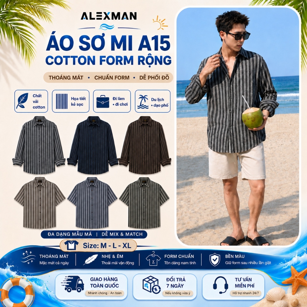Áo Sơ Mi ALEXMAN A15 Cotton Form Rộng Không Túi Unisex Phong Cách Hè