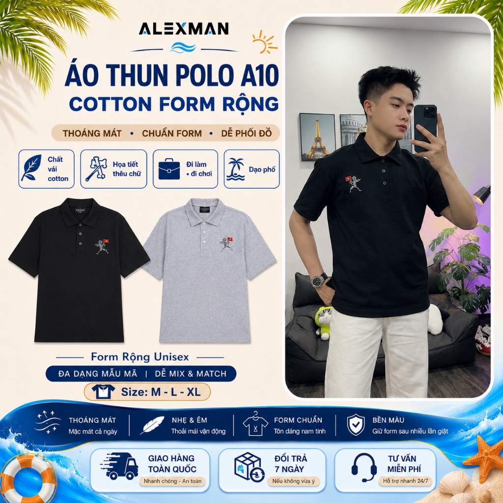 Áo Polo A10 Cotton Việt Nam Cổ Bẻ Thêu Chữ Form Rộng Nam Nữ - ALEXMAN