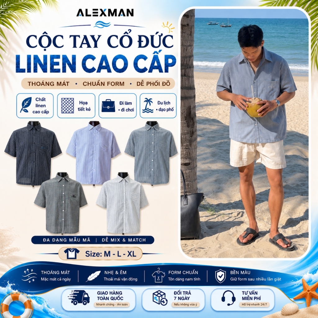 Áo Sơ Mi Boxy ALEXMAN Cộc Tay Cổ Đức - áo sơ mi đi biển Premium Chất Linen Cao Cấp Thoáng Mát Mềm Mị