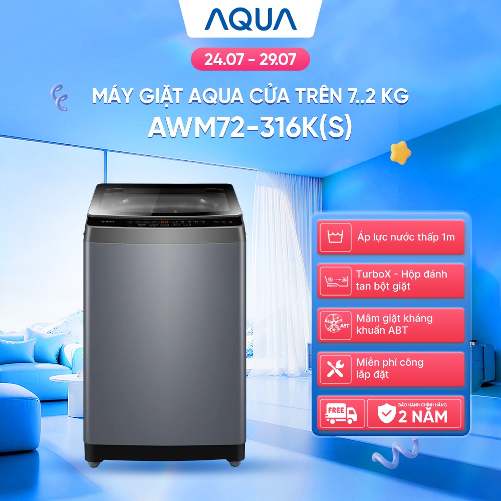 [SALE SỐC] Máy giặt Aqua 7.2 kg AWM72-316K(S) - Bảo hành 2 năm - Freeship toàn quốc