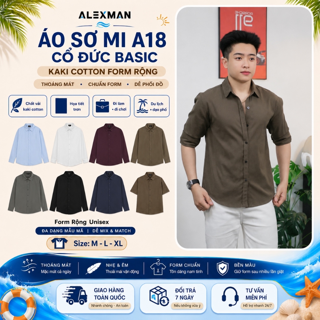 Áo Sơ Mi ALEXMAN A18 Cổ Đức Basic Kaki Cotton Mềm Mịn Dài Tay Cộc Tay Nhiều Màu