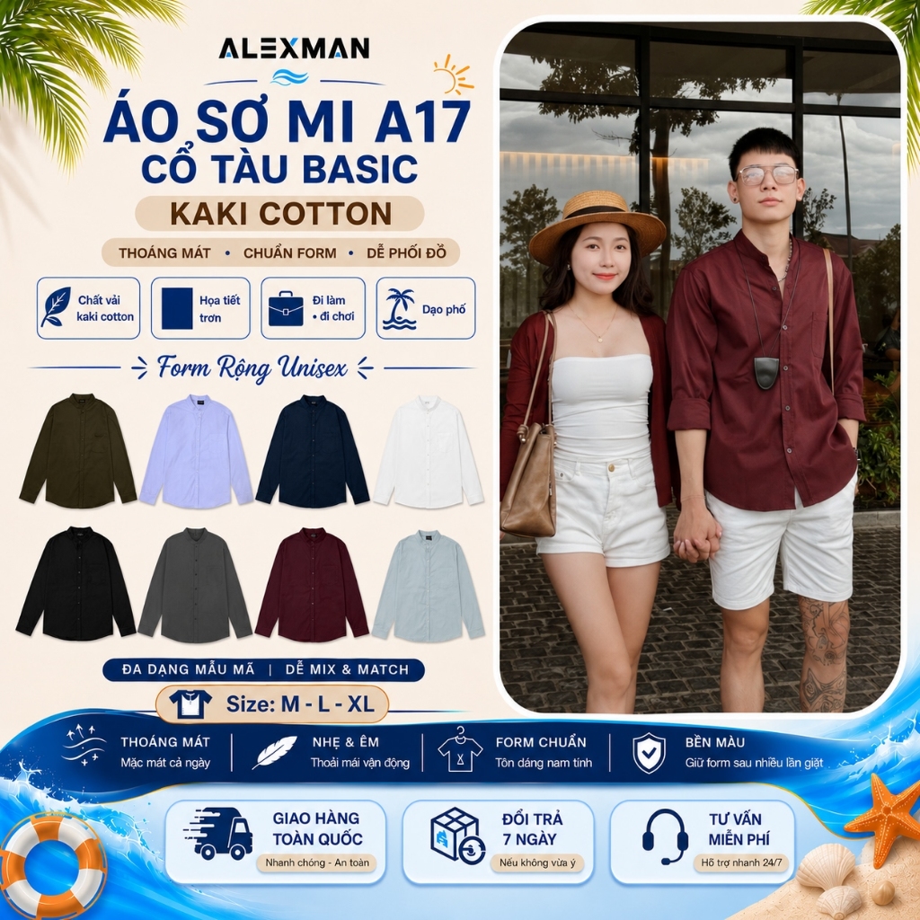 Áo Sơ Mi ALEXMAN A17 Cổ Tàu Basic Dài Tay Form Rộng Unisex