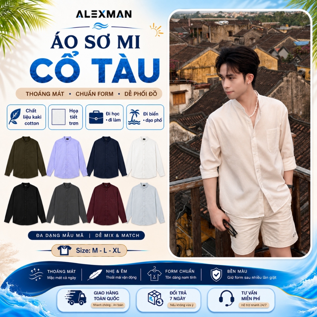 Áo Sơ Mi Cổ Tàu Kaki Cotton ALEXMAN A17 Mềm Mịn Dài Tay Basic Nhiều Màu Dễ Phối.