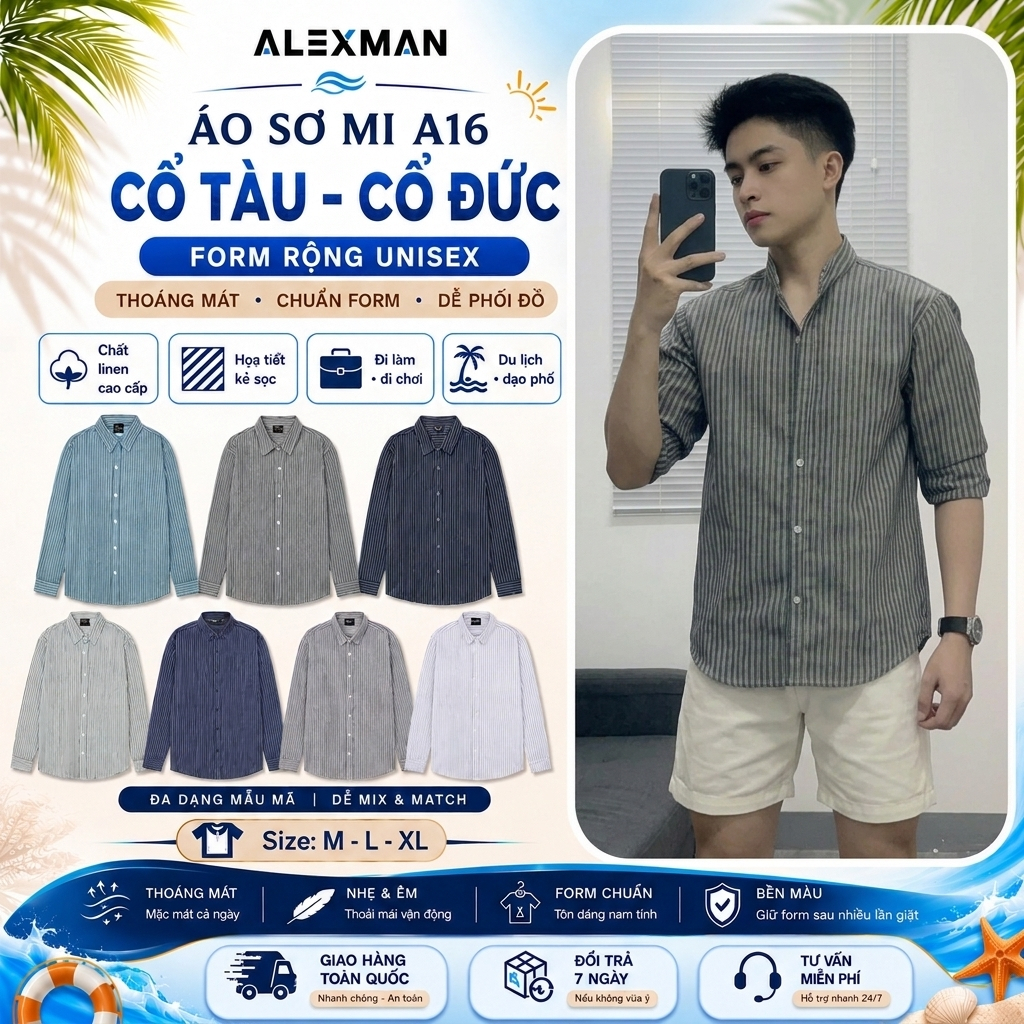 Áo Sơ Mi ALEXMAN A16 Cổ Tàu Cổ Đức Kẻ Sọc Dài Tay ĐI HỌC ĐI LÀM LINEN Form Rộng Unisex
