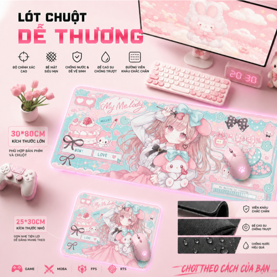 Thảm Lót Chuột Sanrio Cỡ 30x25-80x30, Nhiều NV Kuromi, Cinnamoroll, Đế Chống Trượt, Tặng Túi Đựng