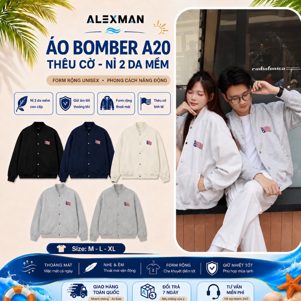 Áo Khoác Bomber A20 Nỉ 2 Da Cotton Thêu Cờ Unisex - ALEXMAN