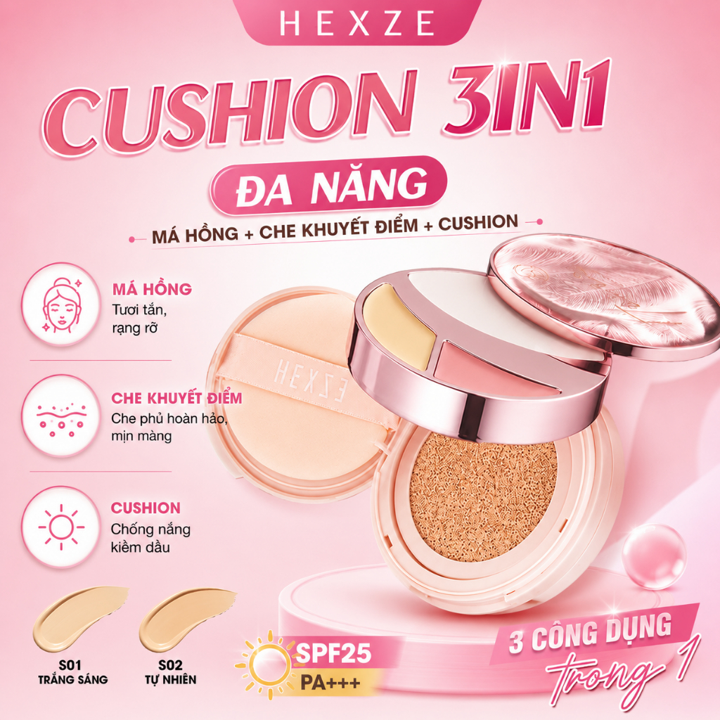 [LIVE KOL] Cushion 3in1 Hexze (Cushion + che khuyết điểm + má hồng)  SPF50+, PA++++