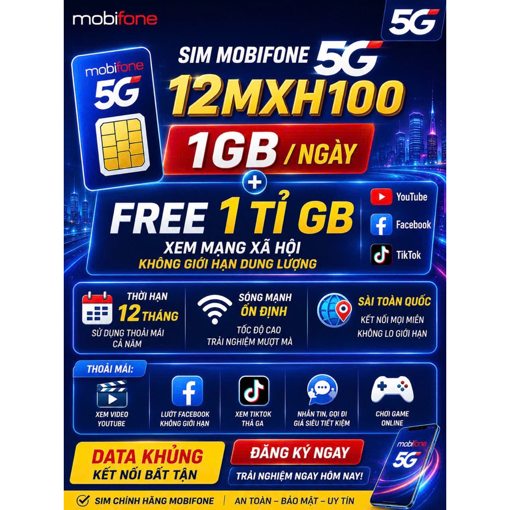 Sim Mobifone 5G 12MXH100:1GB/Ngày + Xem MXH YB,FB,Tik không giới hạn dung lượng 12 tháng{Có ESIM}
