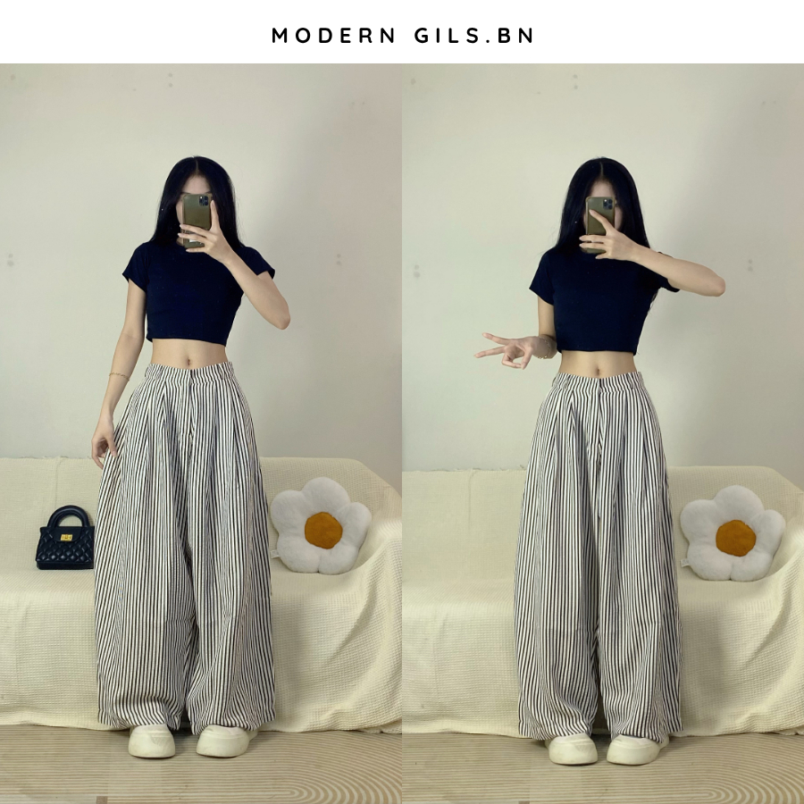Quần Kẻ Sọc Ver 2 Modern Girls Chất Đũi Gió Nhăn Ống Rộng Phong Cách Hàn Quốc