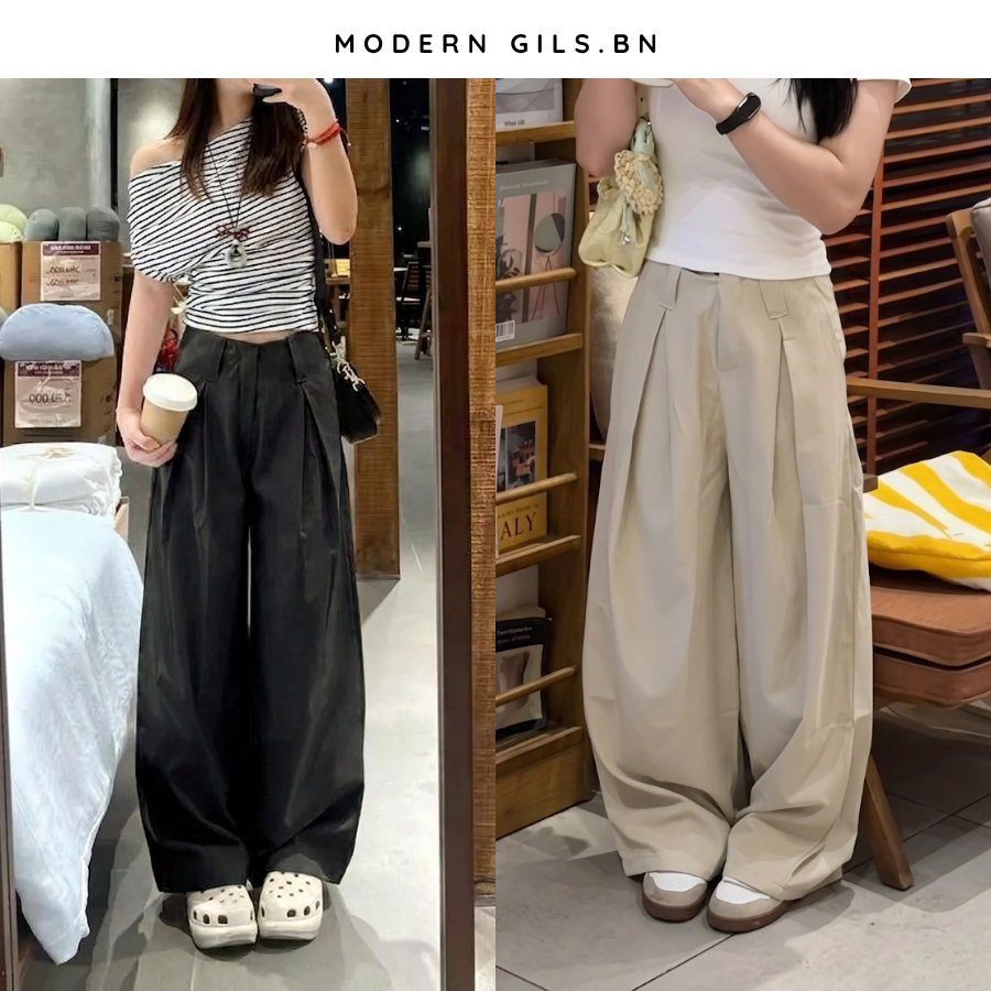 Quần Kaki Nữ Ống Rộng Xếp Ly Cạp Trễ Modern Girls, Quần Kaki Nữ Basic Phong Cách Trẻ Trung